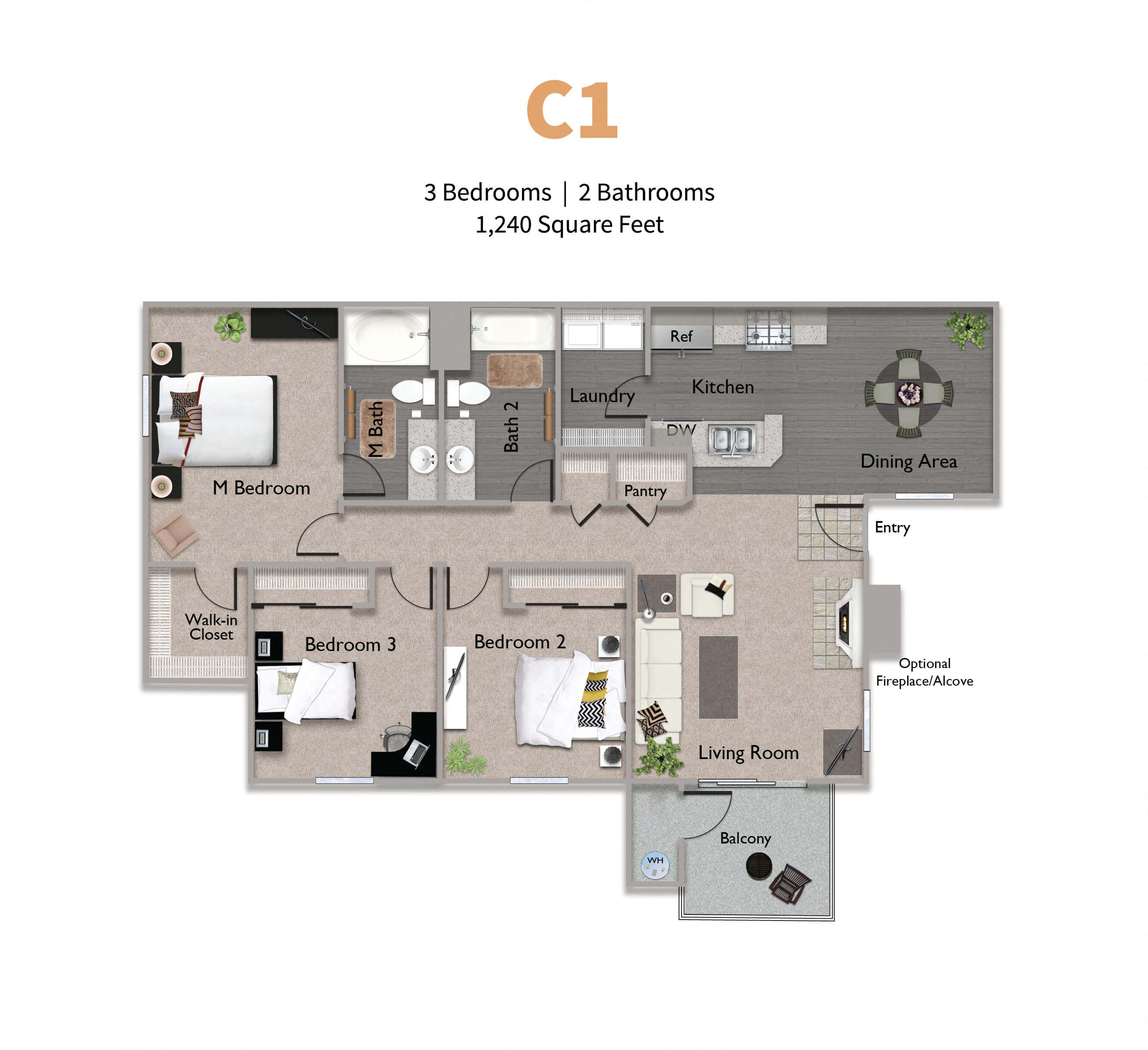 Floor plan for 3 beds, 2 baths, 1240 sqft